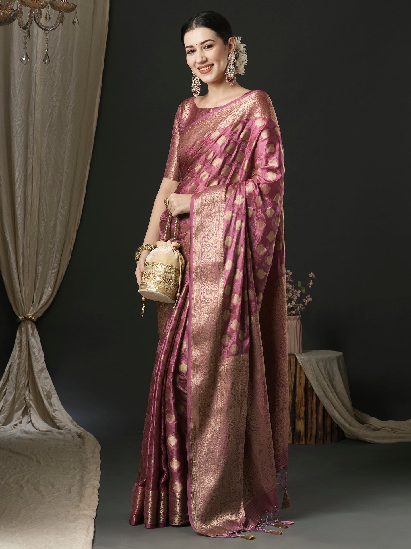 Women's Satin Silk Pink Woven Design Designer Saree With Blouse Piece