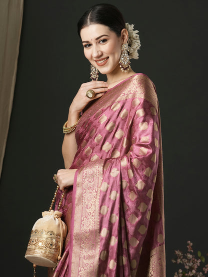 Women's Satin Silk Pink Woven Design Designer Saree With Blouse Piece