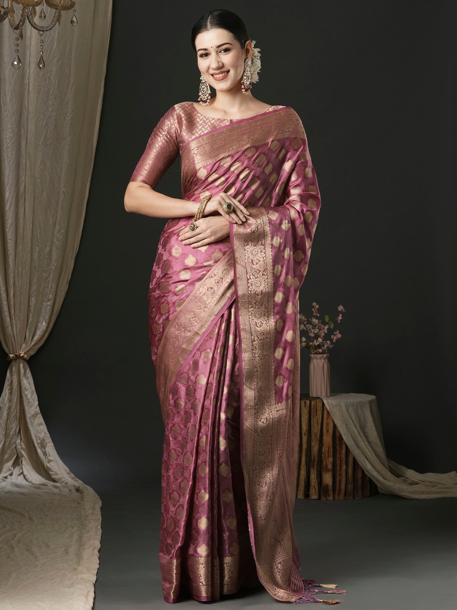 Women's Satin Silk Pink Woven Design Designer Saree With Blouse Piece