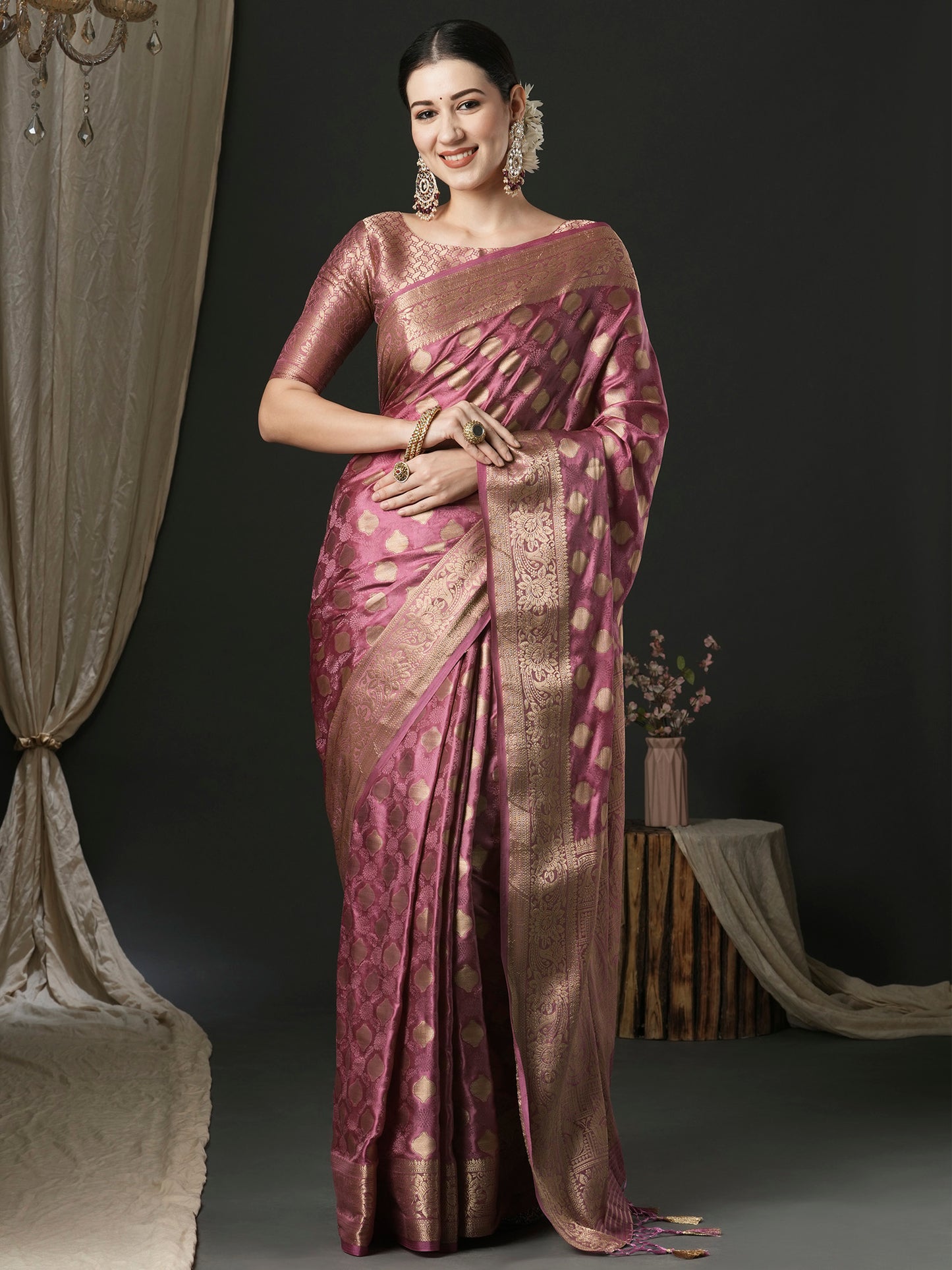 Women's Satin Silk Pink Woven Design Designer Saree With Blouse Piece