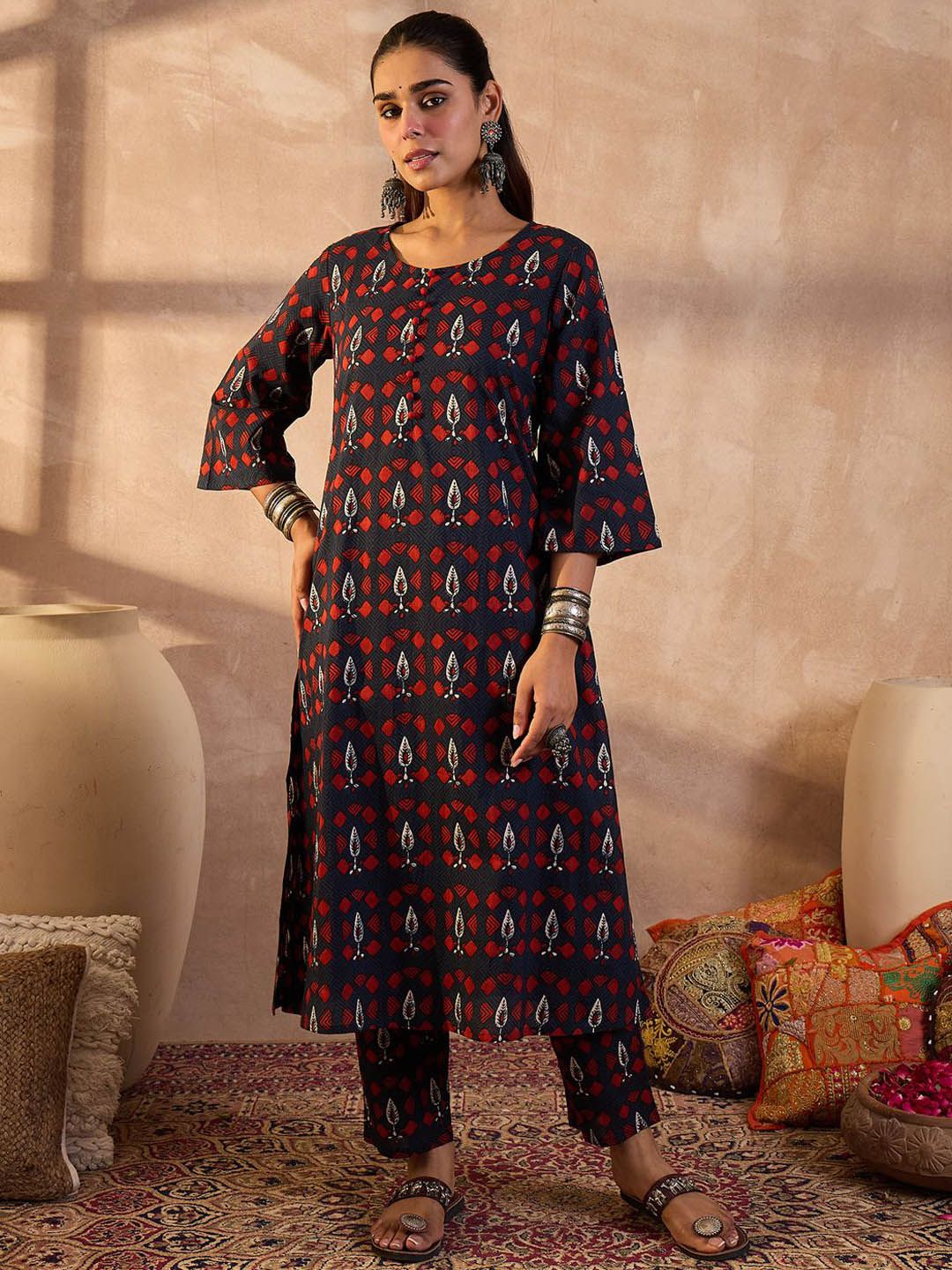 Dhiyona IE Printed Round Neck Pure Cotton Tunic With Trouser