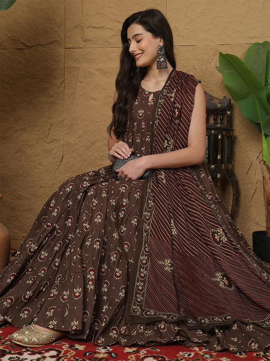 Dhiyona SN Women's Ethnic Motifs Printed Cotton Anarkali Kurta with Trousers & Dupatta