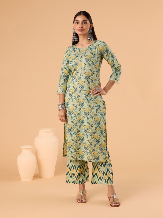 Dhiyona RV Women's Jaipuri Floral print straight side slit Kurta Plazzo Set with Dupatta