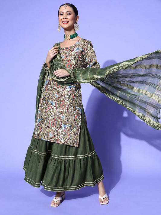 Dhiyona RV Women's Kalamkari Print Straight Side Slit Kurta Sharara With Dupatta