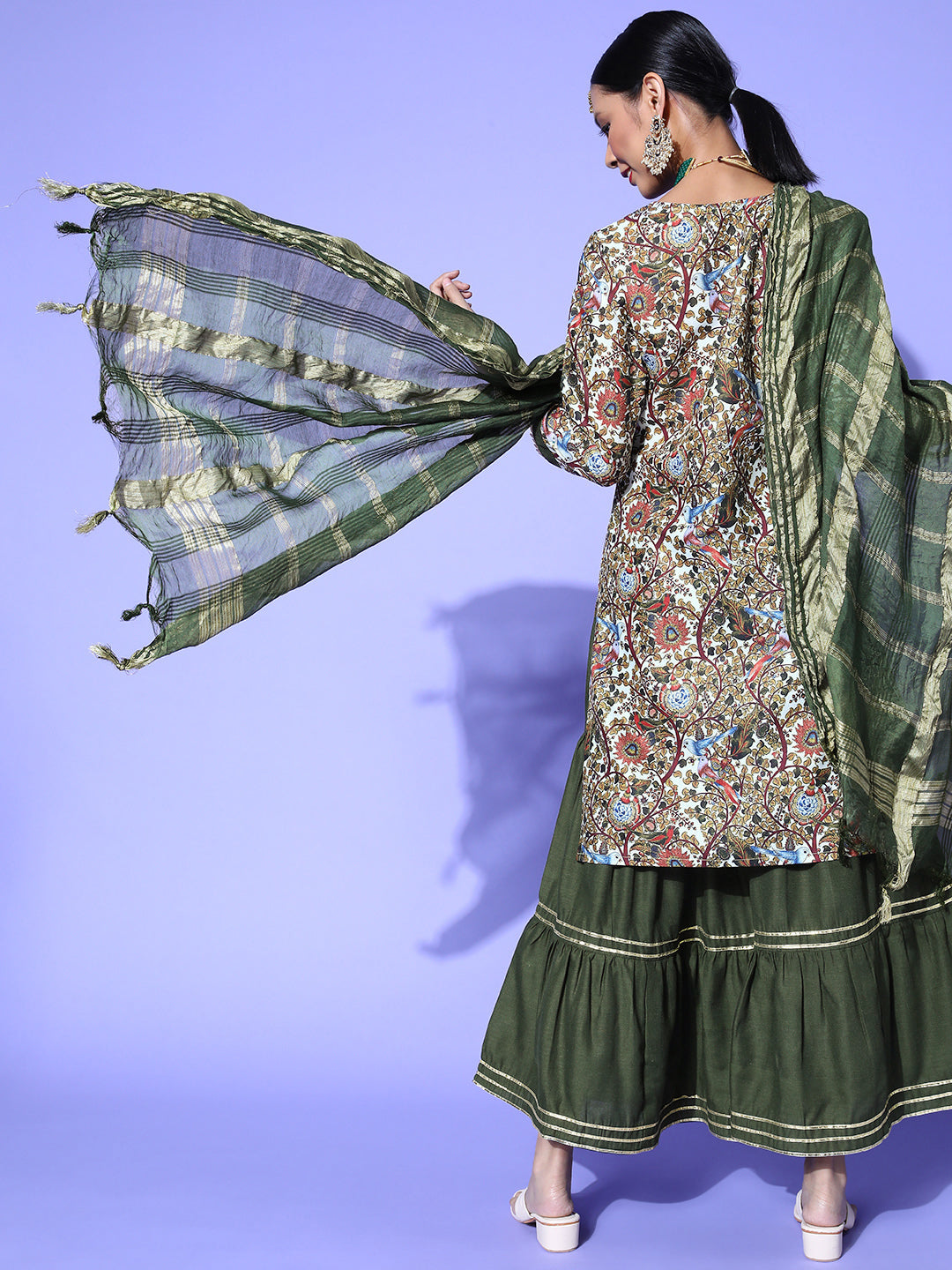 Dhiyona RV Women's Kalamkari Print Straight Side Slit Kurta Sharara With Dupatta