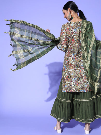 Dhiyona RV Women's Kalamkari Print Straight Side Slit Kurta Sharara With Dupatta