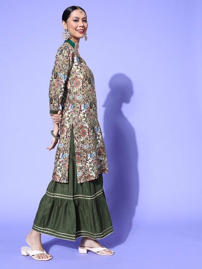 Dhiyona RV Women's Kalamkari Print Straight Side Slit Kurta Sharara With Dupatta