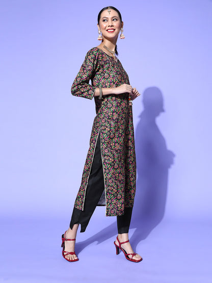 Dhiyona RV Women's Kalamkari Print Straight Side Slit Kurta Pant With Organza Dupatta