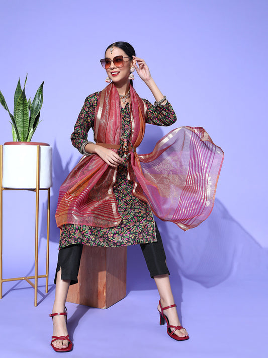 Dhiyona RV Women's Kalamkari Print Straight Side Slit Kurta Pant With Organza Dupatta