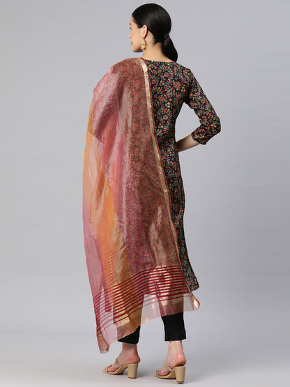 Dhiyona RV Women's Kalamkari Print Straight Side Slit Kurta Pant With Organza Dupatta