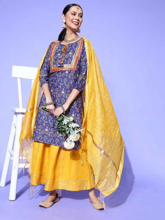 Dhiyona RV Women's Kalamkari Print Straight Side Slit Kurta Skirt With Dupatta