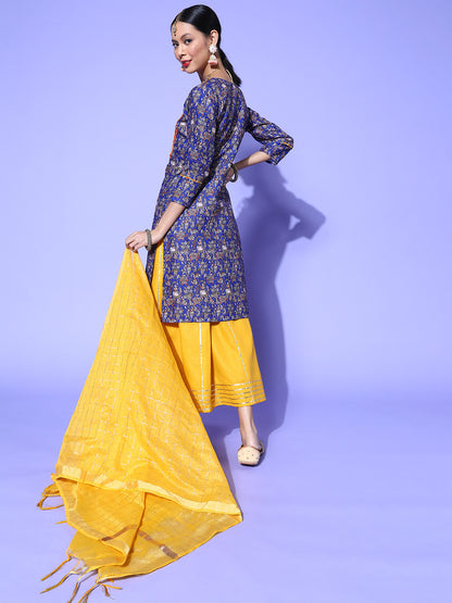 Dhiyona RV Women's Kalamkari Print Straight Side Slit Kurta Skirt With Dupatta