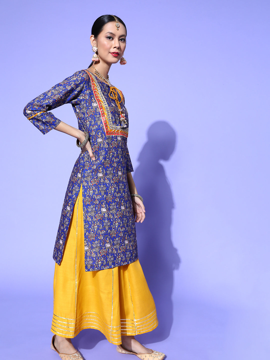 Dhiyona RV Women's Kalamkari Print Straight Side Slit Kurta Skirt With Dupatta