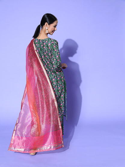 Dhiyona RV Women's Kalamkari Print Straight Side Slit Kurta Pant Set With Organza Dupatta