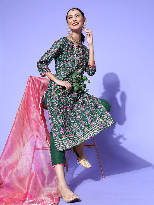 Dhiyona RV Women's Kalamkari Print Straight Side Slit Kurta Pant Set With Organza Dupatta