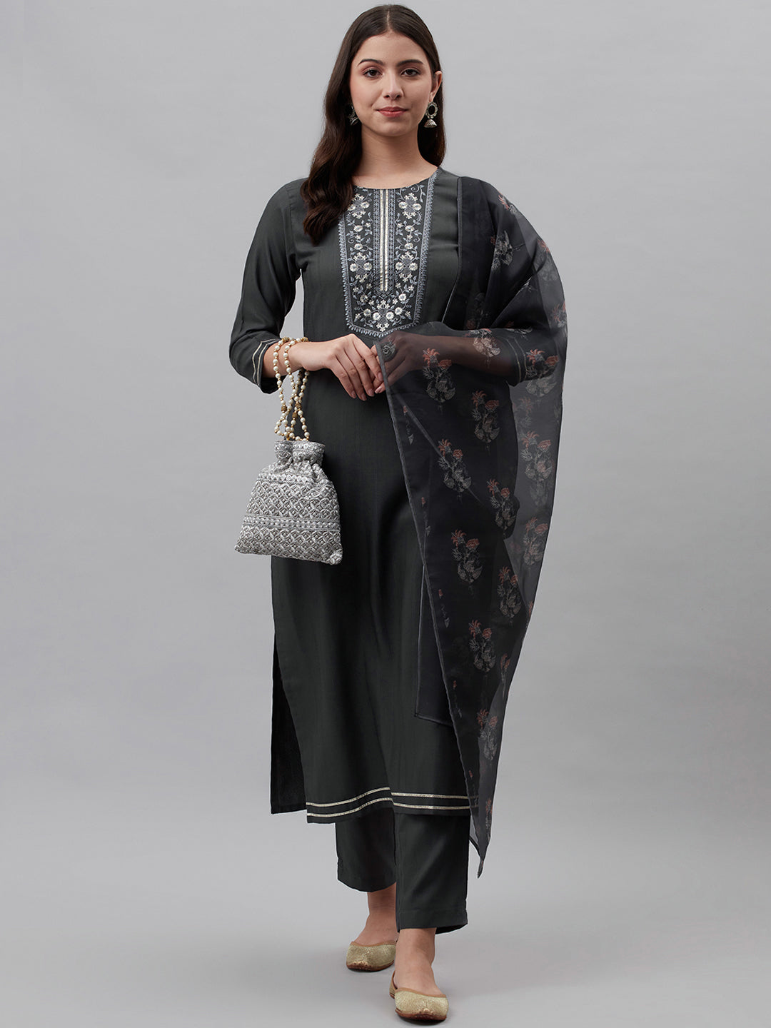 Dhiyona RV Women's Straight Side Slit  Embroidered  Kurta Pant Set With Digital  Dupatta