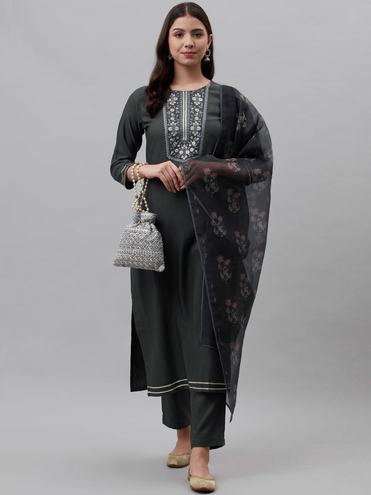 Dhiyona RV Women's Straight Side Slit  Embroidered  Kurta Pant Set With Digital  Dupatta