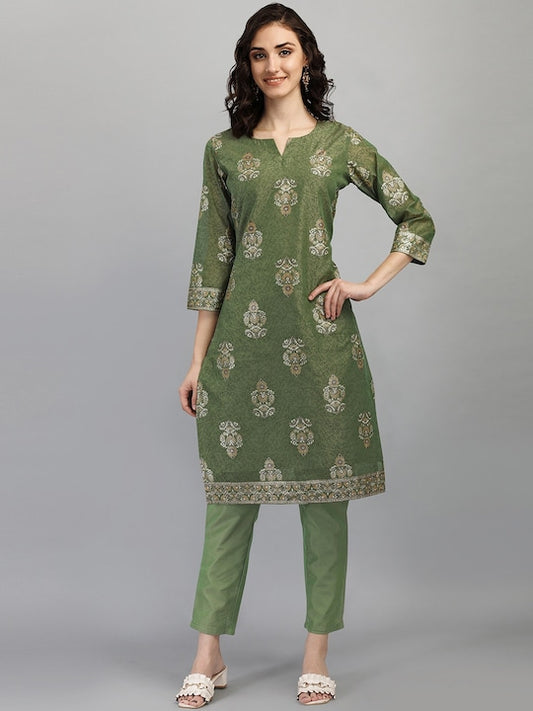 Dhiyona RV Women's Chanderi Printed Top With Staright Chanderi Silk Pant