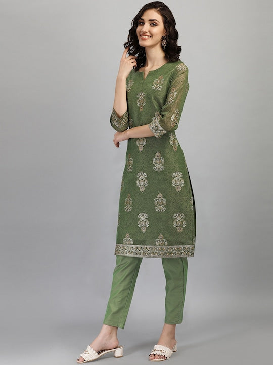 Dhiyona RV Women's Chanderi Printed Top With Staright Chanderi Silk Pant