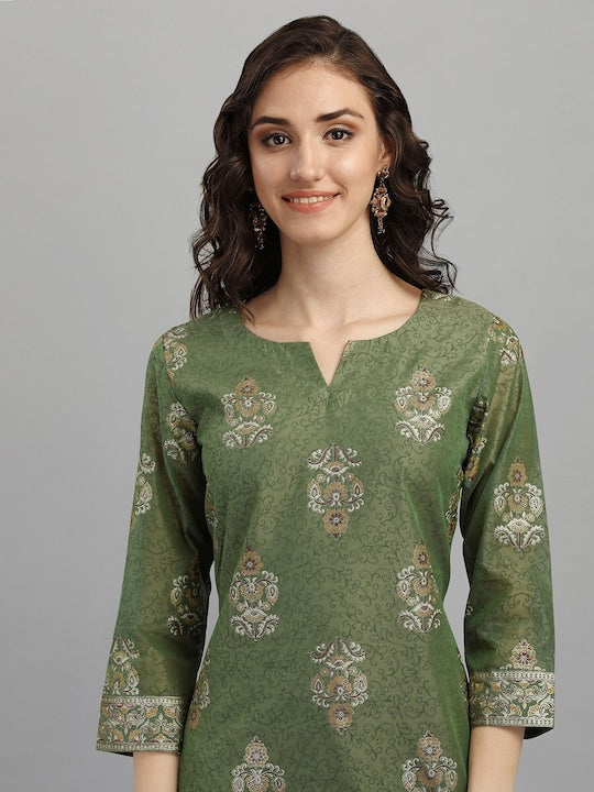 Dhiyona RV Women's Chanderi Printed Top With Staright Chanderi Silk Pant