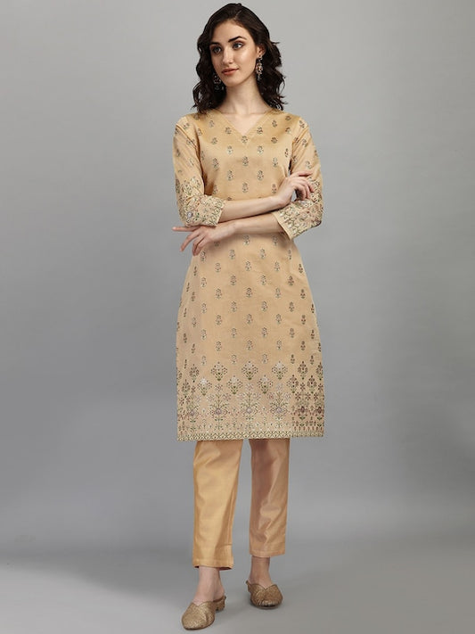 Dhiyona RV Women's Chanderi Printed Top With Staright Chanderi Silk Pant