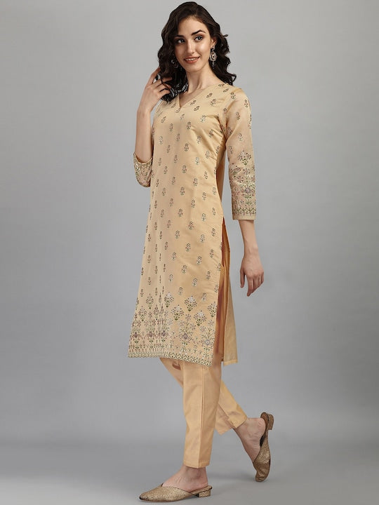 Dhiyona RV Women's Chanderi Printed Top With Staright Chanderi Silk Pant