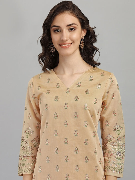 Dhiyona RV Women's Chanderi Printed Top With Staright Chanderi Silk Pant