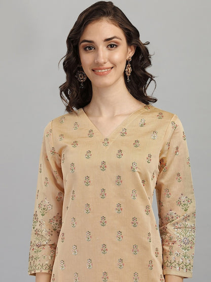 Dhiyona RV Women's Chanderi Printed Top With Staright Chanderi Silk Pant