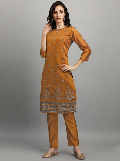 Dhiyona RV Women's Chanderi Printed Top With Staright Chanderi Silk Pant