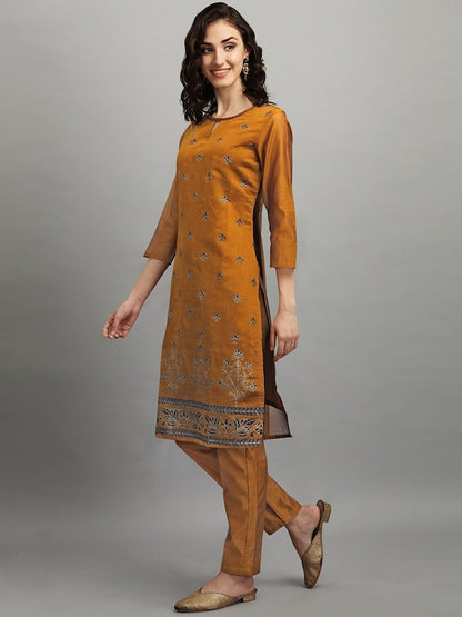 Dhiyona RV Women's Chanderi Printed Top With Staright Chanderi Silk Pant