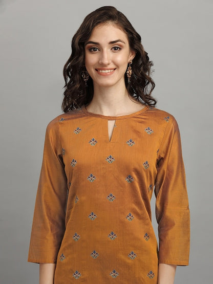 Dhiyona RV Women's Chanderi Printed Top With Staright Chanderi Silk Pant