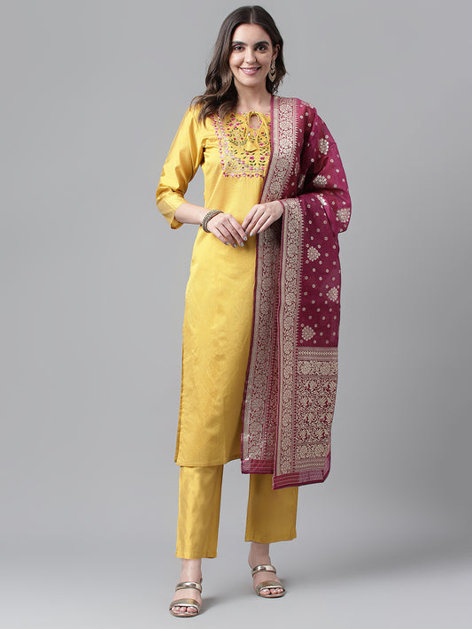 Dhiyona RV Women's Art Silk  Embroidered Straight Side Slit Kurta Set With Dupatta