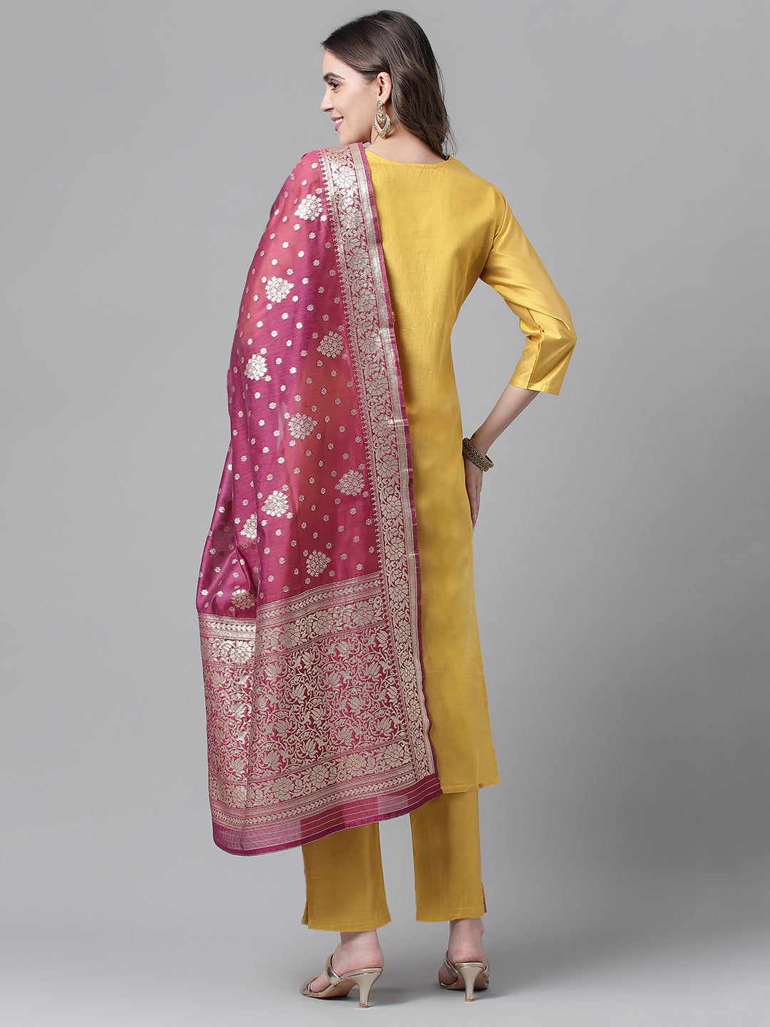 Dhiyona RV Women's Art Silk  Embroidered Straight Side Slit Kurta Set With Dupatta