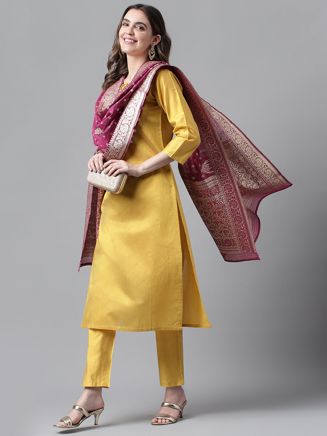 Dhiyona RV Women's Art Silk  Embroidered Straight Side Slit Kurta Set With Dupatta