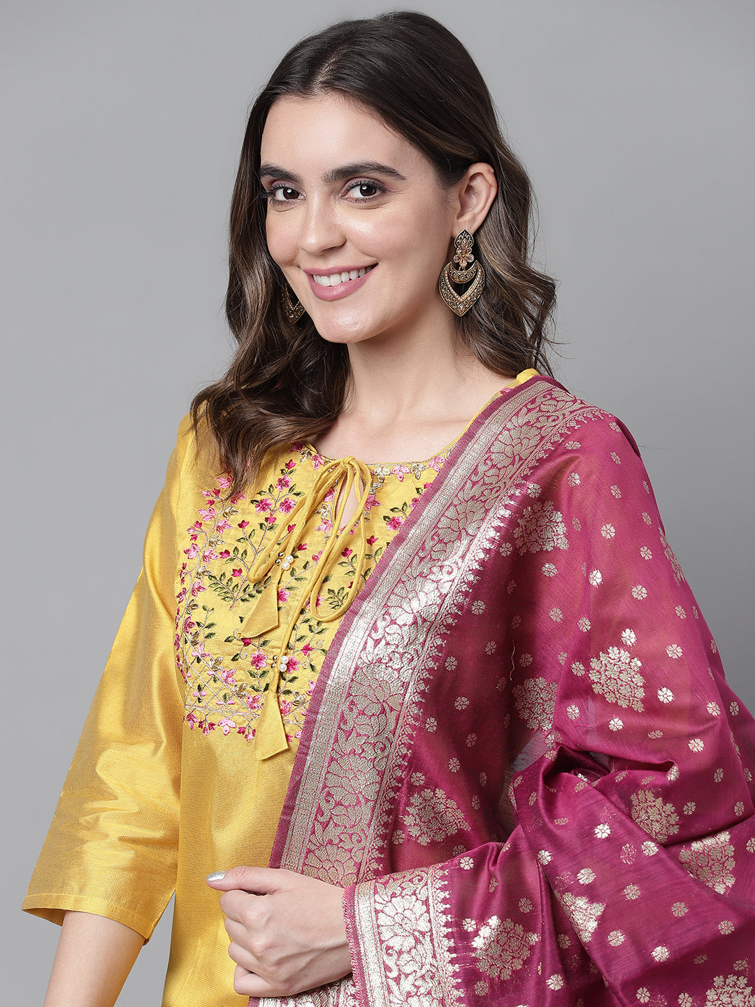 Dhiyona RV Women's Art Silk  Embroidered Straight Side Slit Kurta Set With Dupatta