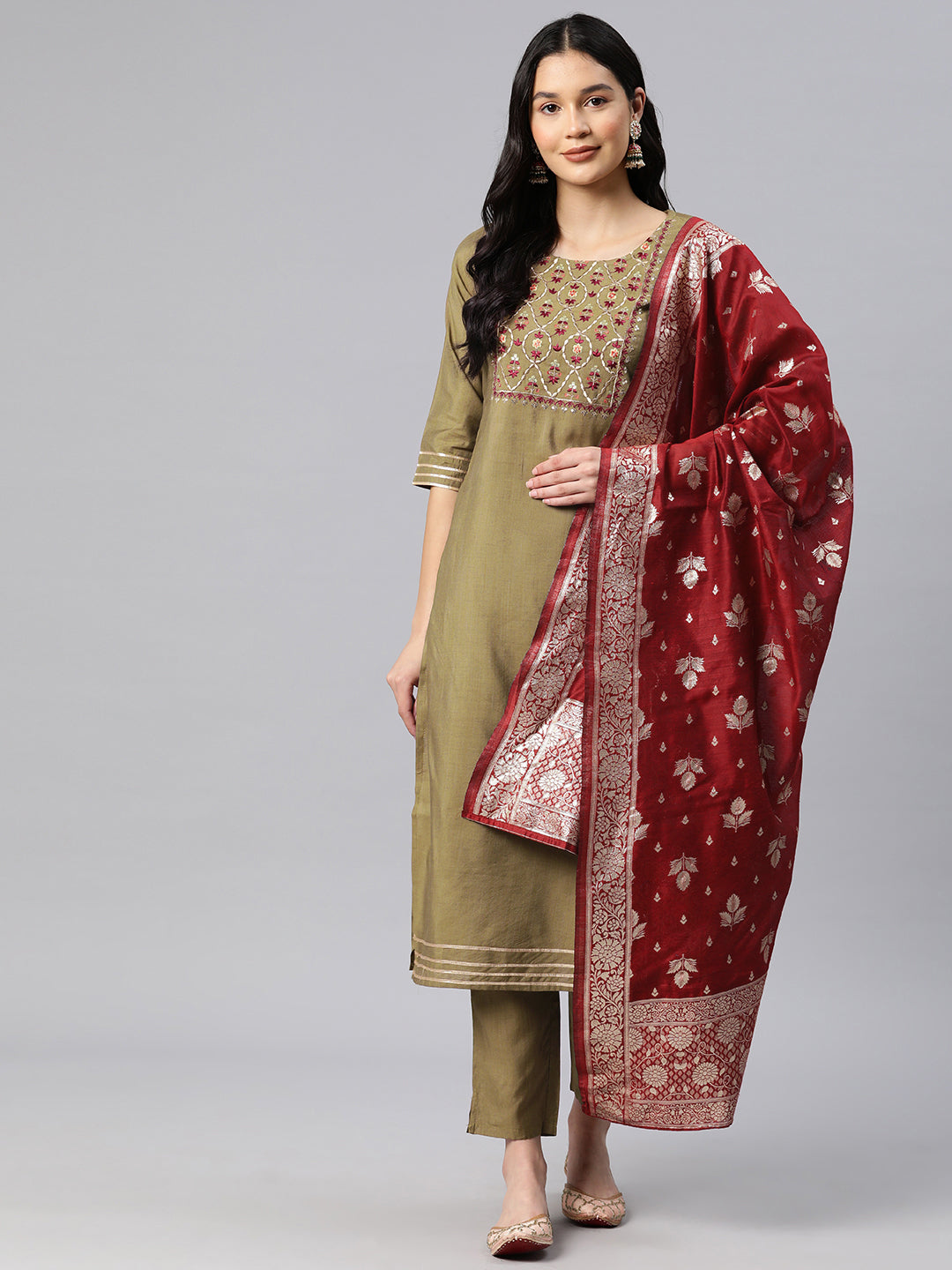 Dhiyona RV Women's Beige Art Silk  Heavy Embroidered Kurta Set With Dupatta