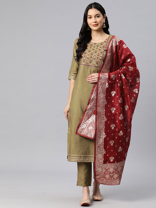 Dhiyona RV Women's Beige Art Silk  Heavy Embroidered Kurta Set With Dupatta