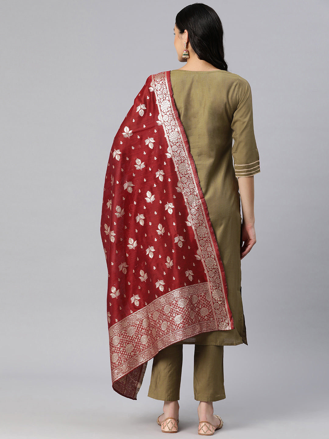 Dhiyona RV Women's Beige Art Silk  Heavy Embroidered Kurta Set With Dupatta