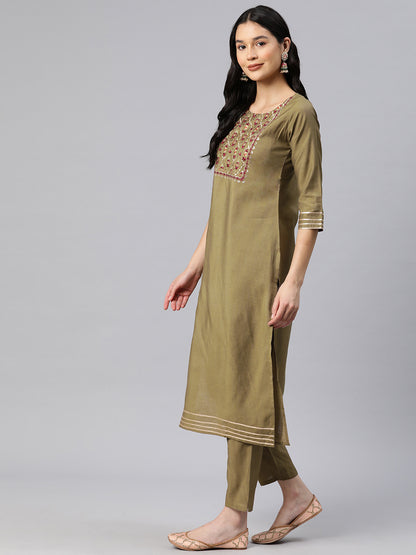 Dhiyona RV Women's Beige Art Silk  Heavy Embroidered Kurta Set With Dupatta