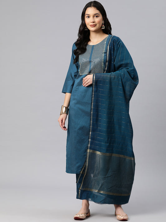 Dhiyona RV Women's Blue Sequin Embroidery Kurta Set With Jacquard Dupatta