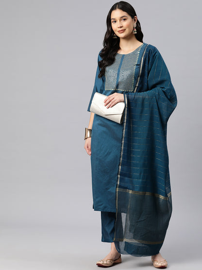 Dhiyona RV Women's Blue Sequin Embroidery Kurta Set With Jacquard Dupatta