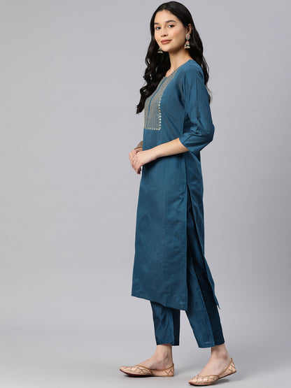 Dhiyona RV Women's Blue Sequin Embroidery Kurta Set With Jacquard Dupatta