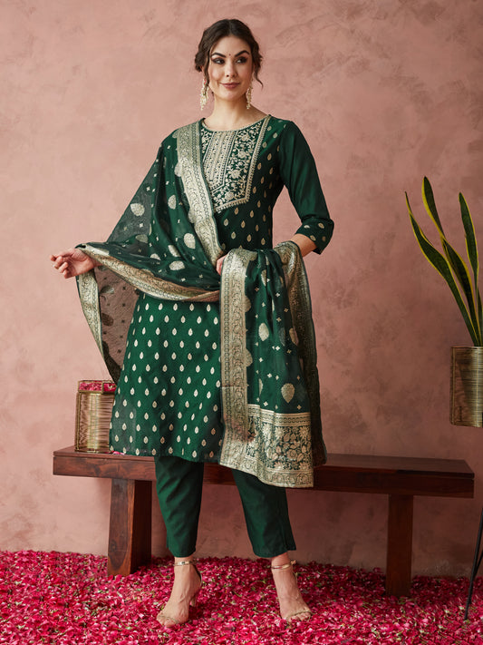 Dhiyona RV Women's Chanderi Silk Embroidered Kurta Set With Jacquard Dupatta