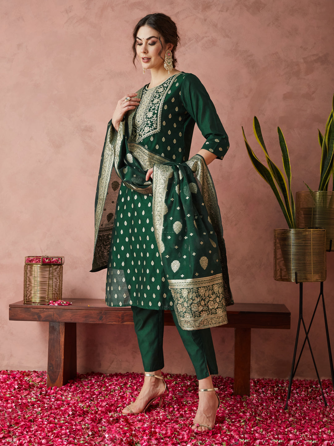 Dhiyona RV Women's Chanderi Silk Embroidered Kurta Set With Jacquard Dupatta