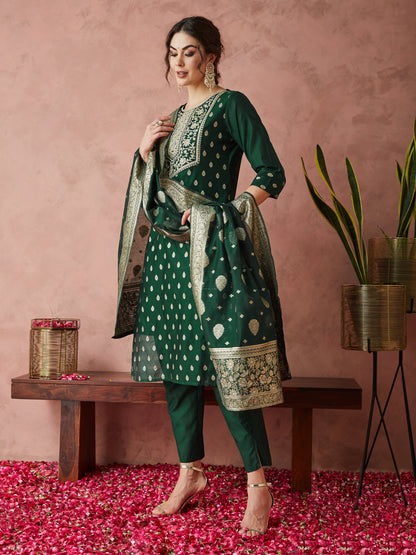 Dhiyona RV Women's Chanderi Silk Embroidered Kurta Set With Jacquard Dupatta