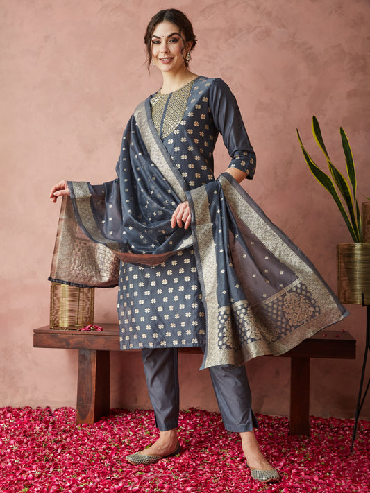 Dhiyona RV Women's Sequin Work Chanderi Print Straight Side Slit Kurta Set