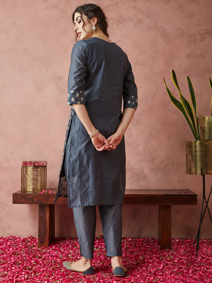 Dhiyona RV Women's Sequin Work Chanderi Print Straight Side Slit Kurta Set