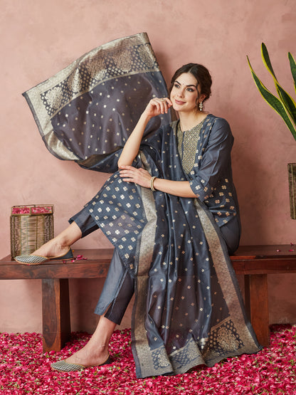 Dhiyona RV Women's Sequin Work Chanderi Print Straight Side Slit Kurta Set