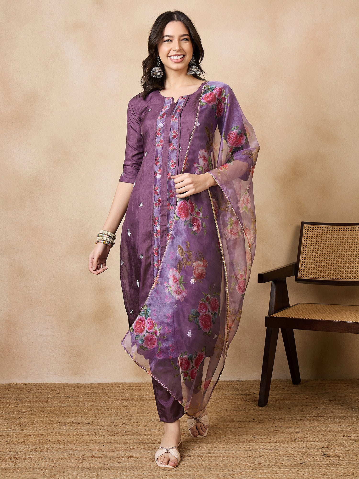 Dhiyona RV Women's Sequin Embroidered Kurta set With Dupatta