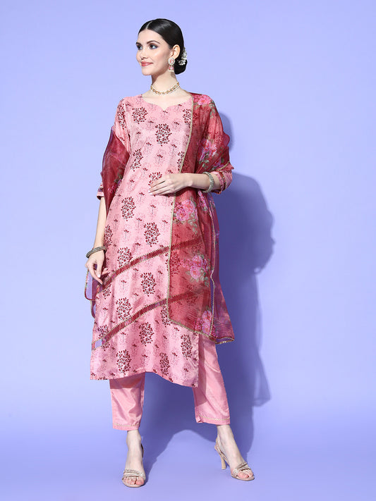 Dhiyona RV Women's Silk Chiffon Printed Kurta Set With Dupatta